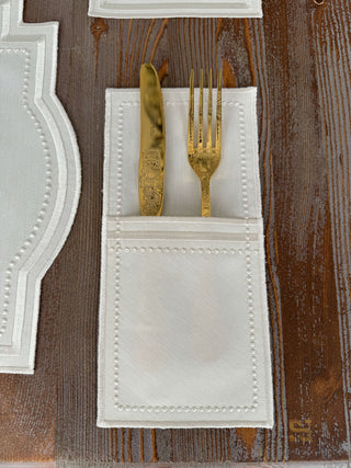 Graceful Off White Design Placemat Set - Waterproof Fabric - 6 Persons - 24 Pcs. Full Set