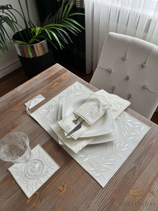 Flower Off White and Silver Design Placemat Set - Waterproof Fabric - 6 Persons - 24 Pcs. Full Set