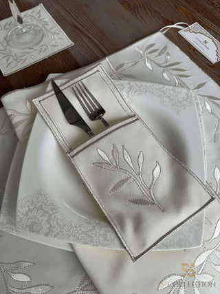 Flower Off White and Silver Design Placemat Set - Waterproof Fabric - 6 Persons - 24 Pcs. Full Set