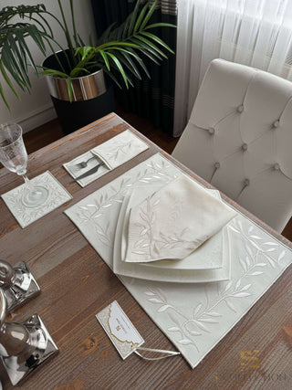 Flower Off White and Silver Design Placemat Set - Waterproof Fabric - 6 Persons - 24 Pcs. Full Set