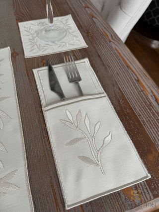 Flower Off White and Silver Design Placemat Set - Waterproof Fabric - 6 Persons - 24 Pcs. Full Set