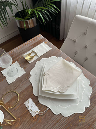 Desert Bloom Off White Design Placemat Set - Waterproof Fabric - 6 Persons - 24 Pcs. Full Set