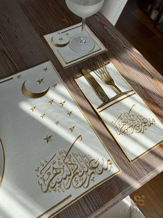 Ramadan Design Gold Stellar Serenity Placemat Set -Waterproof Fabric - 6 Persons - 24 Pcs. Full Set