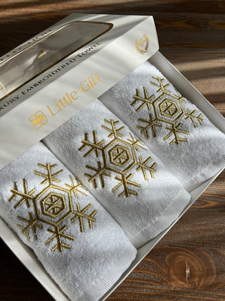 Snowflake Design Gift Towel Set - Gold Embroidered