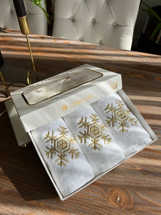 Snowflake Design Gift Towel Set - Gold Embroidered