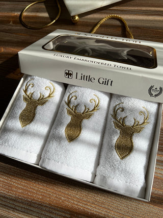 Gold Deer Design Gift Towel Set - Gold Embroidered