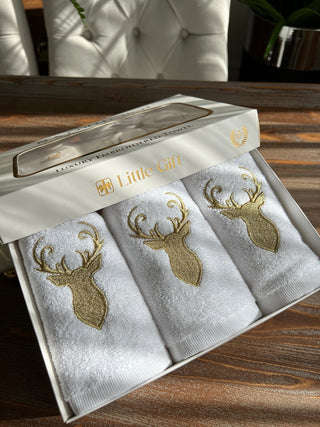 Gold Deer Design Gift Towel Set - Gold Embroidered