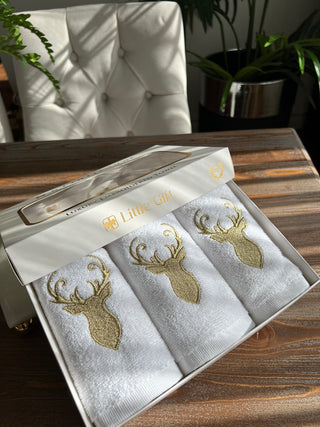 Gold Deer Design Gift Towel Set - Gold Embroidered