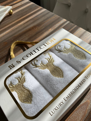 Gold Deer Design Gift Towel Set - Gold Embroidered