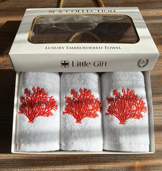 Coral Design Gift Towel Set - Light Red Embroidered