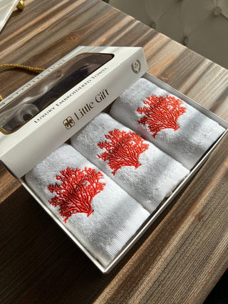 Coral Design Gift Towel Set - Light Red Embroidered