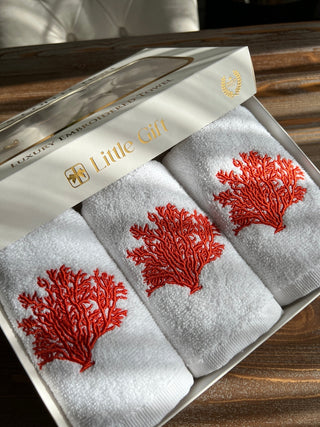 Coral Design Gift Towel Set - Light Red Embroidered