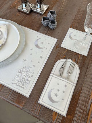 Ramadan Design Silver Glamorous Placemat Set - Waterproof Fabric - 6 Persons - 30 Pcs. Full Set