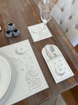 Ramadan Design Silver Glamorous Placemat Set - Waterproof Fabric - 6 Persons - 30 Pcs. Full Set