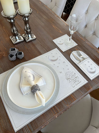 Ramadan Design Silver Glamorous Placemat Set - Waterproof Fabric - 6 Persons - 30 Pcs. Full Set