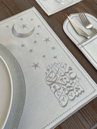 Ramadan Design Silver Glamorous Placemat Set - Waterproof Fabric - 6 Persons - 30 Pcs. Full Set