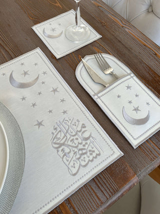 Ramadan Design Silver Glamorous Placemat Set - Waterproof Fabric - 6 Persons - 30 Pcs. Full Set