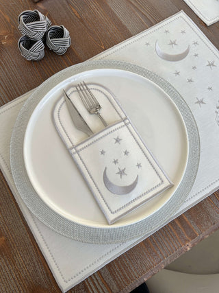 Ramadan Design Silver Glamorous Placemat Set - Waterproof Fabric - 6 Persons - 30 Pcs. Full Set