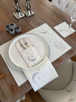 Ramadan Design Silver Glamorous Placemat Set - Waterproof Fabric - 6 Persons - 30 Pcs. Full Set