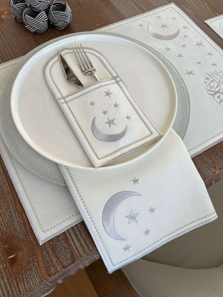 Ramadan Design Silver Glamorous Placemat Set - Waterproof Fabric - 6 Persons - 30 Pcs. Full Set