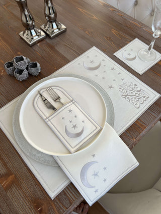 Ramadan Design Silver Glamorous Placemat Set - Waterproof Fabric - 6 Persons - 30 Pcs. Full Set