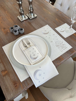 Ramadan Design Silver Glamorous Placemat Set - Waterproof Fabric - 6 Persons - 30 Pcs. Full Set