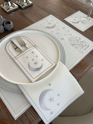 Ramadan Design Silver Glamorous Placemat Set - Waterproof Fabric - 6 Persons - 30 Pcs. Full Set