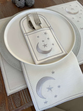 Ramadan Design Silver Glamorous Placemat Set - Waterproof Fabric - 6 Persons - 30 Pcs. Full Set