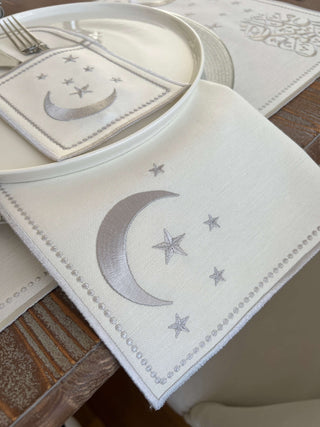 Ramadan Design Silver Glamorous Placemat Set - Waterproof Fabric - 6 Persons - 30 Pcs. Full Set