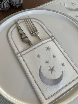 Ramadan Design Silver Glamorous Placemat Set - Waterproof Fabric - 6 Persons - 30 Pcs. Full Set