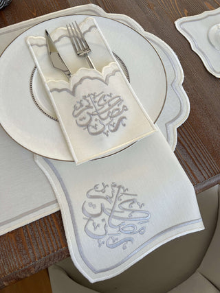 Ramadan Design Silver Wavy Placemat Set -Waterproof Fabric - 6 Persons - 30 Pcs. Full Set