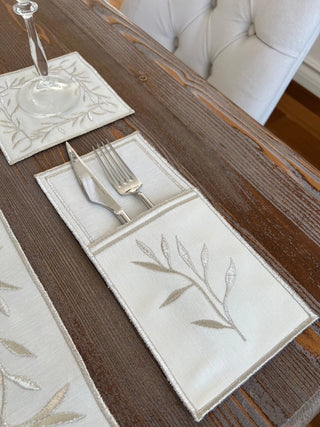 Silver Flower Design Placemat Set - Waterproof Fabric - 6 Persons - 24 Pcs. Full Set