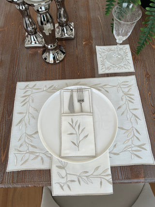 Silver Flower Design Placemat Set - Waterproof Fabric - 6 Persons - 24 Pcs. Full Set