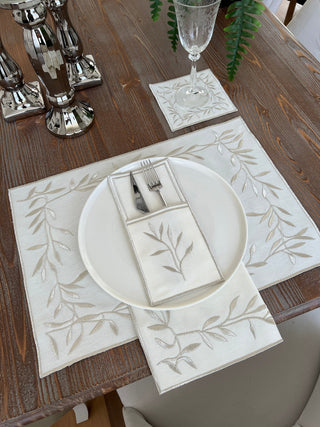 Silver Flower Design Placemat Set - Waterproof Fabric - 6 Persons - 24 Pcs. Full Set