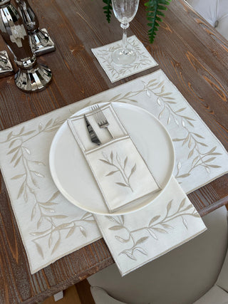 Silver Flower Design Placemat Set - Waterproof Fabric - 6 Persons - 24 Pcs. Full Set