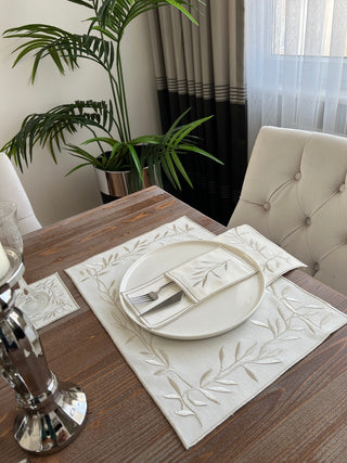 Silver Flower Design Placemat Set - Waterproof Fabric - 6 Persons - 24 Pcs. Full Set