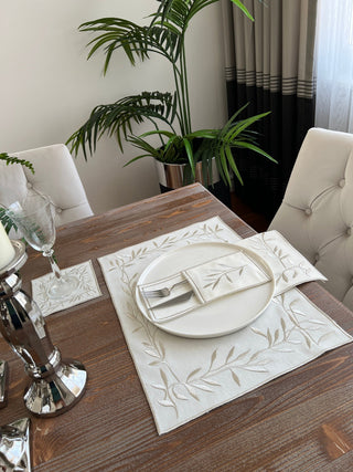 Silver Flower Design Placemat Set - Waterproof Fabric - 6 Persons - 24 Pcs. Full Set