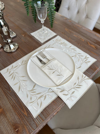 Silver Flower Design Placemat Set - Waterproof Fabric - 6 Persons - 24 Pcs. Full Set