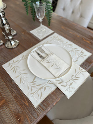 Silver Flower Design Placemat Set - Waterproof Fabric - 6 Persons - 24 Pcs. Full Set