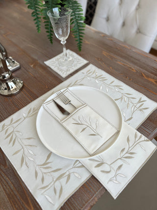 Silver Flower Design Placemat Set - Waterproof Fabric - 6 Persons - 24 Pcs. Full Set