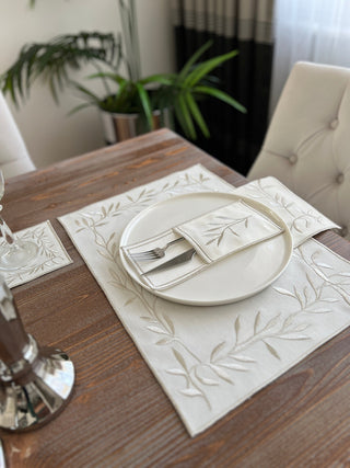 Silver Flower Design Placemat Set - Waterproof Fabric - 6 Persons - 24 Pcs. Full Set