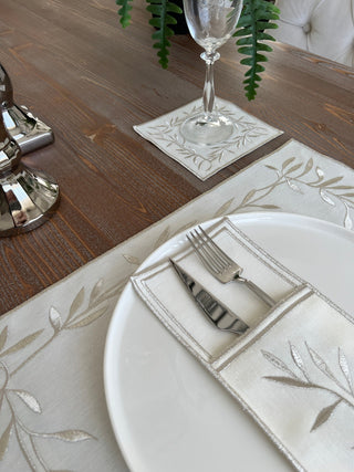 Silver Flower Design Placemat Set - Waterproof Fabric - 6 Persons - 24 Pcs. Full Set