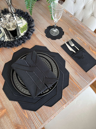 Dark Octagonal Design Placemat Set - Waterproof Fabric - 6 Persons - 24 Pcs. Full Set