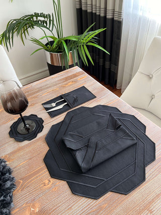 Dark Octagonal Design Placemat Set - Waterproof Fabric - 6 Persons - 24 Pcs. Full Set