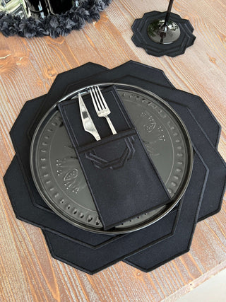 Dark Octagonal Design Placemat Set - Waterproof Fabric - 6 Persons - 24 Pcs. Full Set