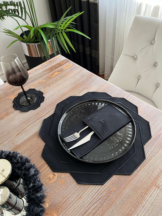 Dark Octagonal Design Placemat Set - Waterproof Fabric - 6 Persons - 24 Pcs. Full Set