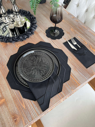 Dark Octagonal Design Placemat Set - Waterproof Fabric - 6 Persons - 24 Pcs. Full Set