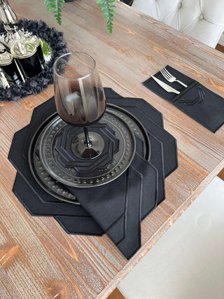 Dark Octagonal Design Placemat Set - Waterproof Fabric - 6 Persons - 24 Pcs. Full Set