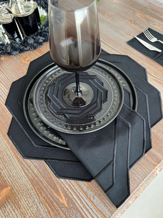 Dark Octagonal Design Placemat Set - Waterproof Fabric - 6 Persons - 24 Pcs. Full Set