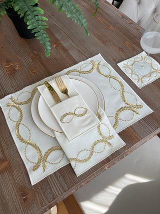 Olive Branch Gold Design Placemat Set - Waterproof Fabric - 6 Persons - 24 Pcs. Full Set